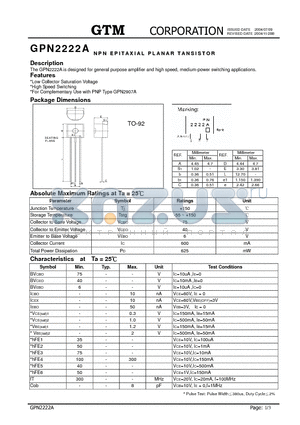 GPN2222A datasheet - NPN EPITAXIAL PLANAR TRANSISTOR