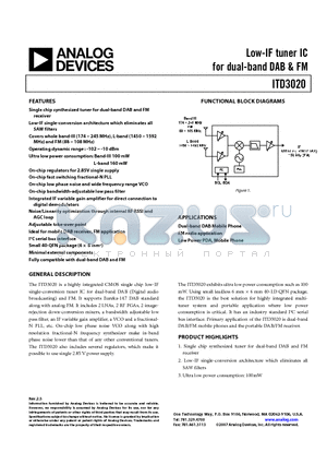 ITD3020 datasheet - Low-IF tuner IC for dual-band DAB & FM