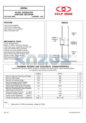 GPP6J datasheet - GLASS PASSIVATED JUNCTION RECTIFIER VOLTAGE: 600V CURRENT: 6.0A