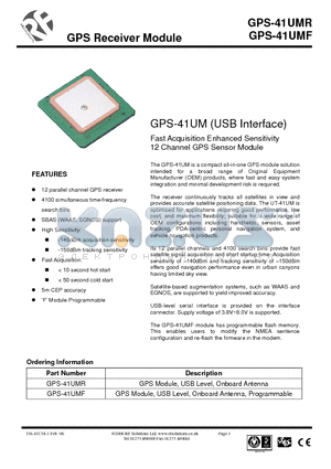 GPS-41UMR datasheet - Fast Acquisition Enhanced Sensitivity 12 Channel GPS Sensor Module