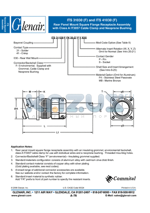 ITS31030F datasheet - Rear Panel Mount Square Flange Receptacle Assembly