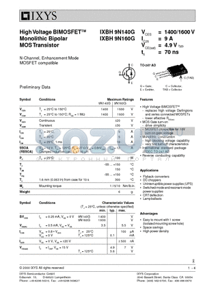 IXBH9N160G datasheet - High Voltage BIMOSFET Monolithic Bipolar MOS Transistor