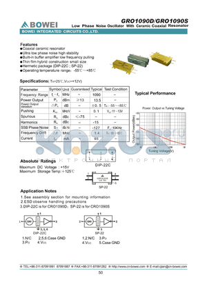 GRO1090S datasheet - Low Phase Noise VCO With Ceramic Coaxial Resonator