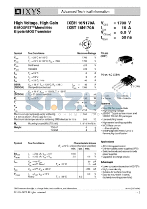 IXBH16N170A datasheet - High Voltage, High Gain BIMOSFET Monolithic Bipolar MOS Transistor