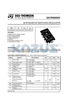 GS-R4840NV datasheet - 36 W NEGATIVE SWITCHING REGULATOR