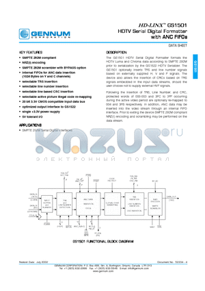 GS1501 datasheet - HDTV Serial Digital Formatter with ANC FIFOs