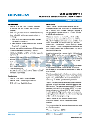 GS1532_07 datasheet - Multi-Rate Serializer with ClockCleaner