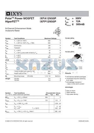 IXFA12N50P datasheet - Polar Power MOSFET HiperFET