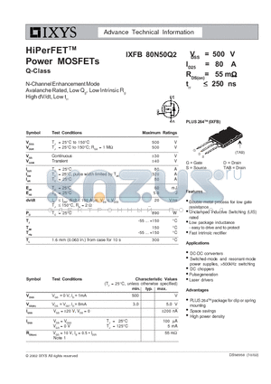 IXFB80N50Q2 datasheet - HiPerFET Power MOSFETs Q-Class