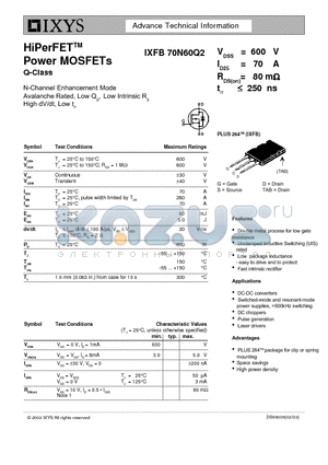 IXFB70N60Q2 datasheet - HiPerFET Power MOSFET Q-Class