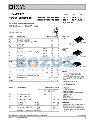 IXFH14N100 datasheet - HiPerFET Power MOSFETs