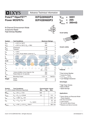 IXFH28N60P3 datasheet - Polar3 HiperFET Power MOSFETs