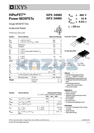 IXFK34N80 datasheet - HiPerFET Power MOSFETs
