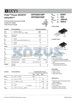 IXFK26N100P datasheet - Polar Power MOSFET HiPerFET