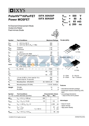 IXFK80N50P datasheet - PolarHV HiPerFET Power MOSFET