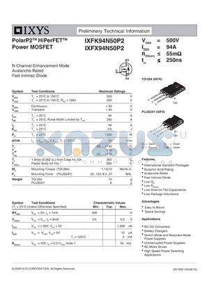 IXFK94N50P2 datasheet - PolarP2 HiPerFET Power MOSFET