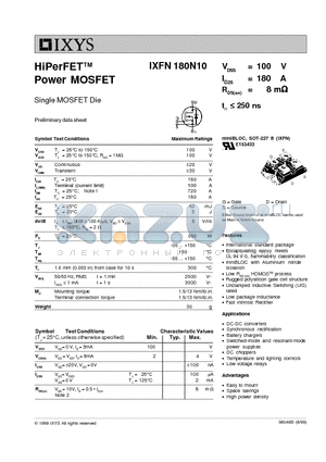 IXFN180N10 datasheet - HiPerFET Power MOSFET Single MOSFET Die
