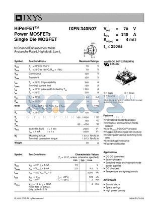 IXFN340N07 datasheet - HiPerFET Power MOSFETs Single Die MOSFET