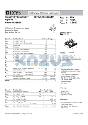 IXFN520N075T2 datasheet - TrenchT2 GigaMOS HiperFET Power MOSFET