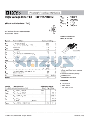 IXFP05N100M datasheet - High Voltage HiperFET