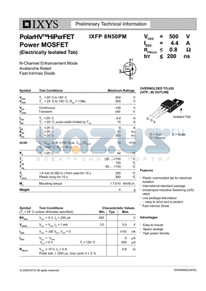 IXFP8N50PM datasheet - PolarHV HiPerFET Power MOSFET