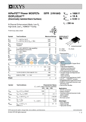IXFR21N100Q datasheet - HiPerFETTM Power MOSFETs ISOPLUS247TM (Electrically Isolated Back Surface)