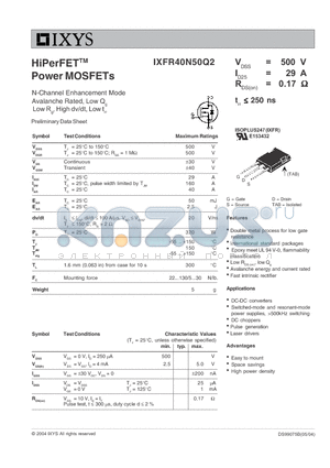 IXFR40N50Q2 datasheet - HiPerFET Power MOSFETs