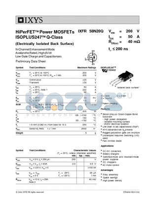 IXFR58N20Q datasheet - HiPerFET Power MOSFETs ISOPLUS247 Q-Class