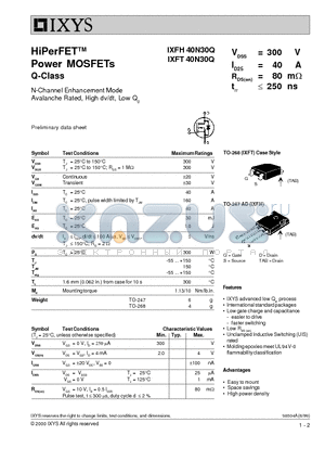 IXFT40N30Q datasheet - HiPerFET Power MOSFETs Q-Class