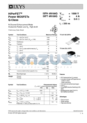 IXFT4N100 datasheet - HiPerFET Power MOSFETs Q-Class