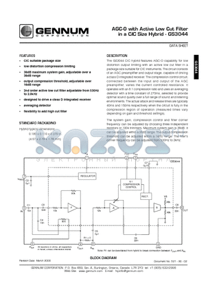 GS3044 datasheet - AGC-O with Active Low Cut Filter in a CIC Size Hybrid
