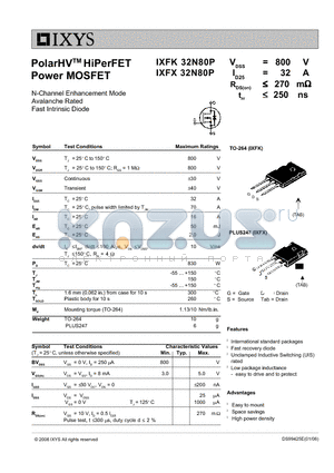 IXFX32N80P datasheet - PolarHV HiPerFET Power MOSFET