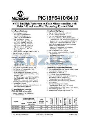 PIC18F6410 datasheet - 64/80-Pin High-Performance, Flash Microcontrollers with 10-bit A/D and nanoWatt Technology Product Brief