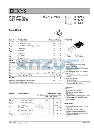 IXGH31N60U1 datasheet - Ultra-Low VCE(sat) IGBT with Diode