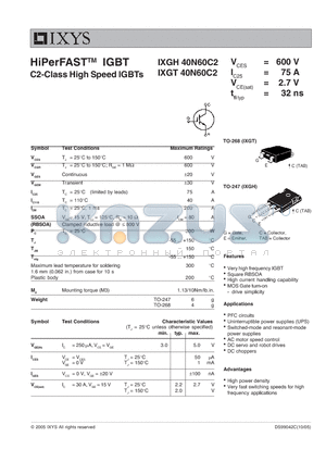 IXGH40N60C2 datasheet - C2-Class High Speed IGBTs