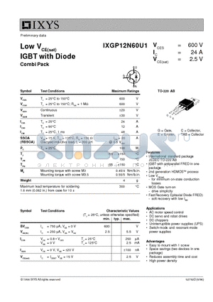 IXGP12N60U1 datasheet - Low VCE(sat) IGBT with Diode Combi Pack