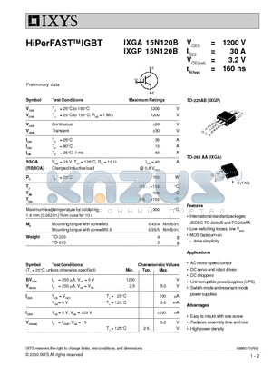 IXGP15N120B datasheet - HiPerFAST IGBT