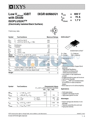 IXGR60N60U1 datasheet - LowV-CE(sat) IGBT with Diode ISOPLUS247-TM (Electrically Isolated Back Surface)