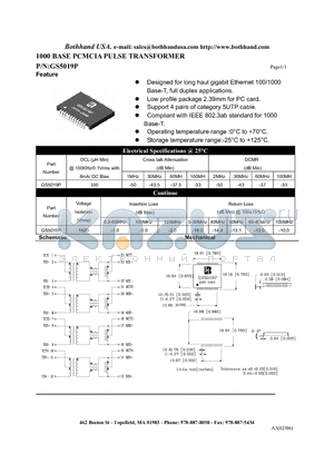 GS5019P datasheet - 1000 BASE PCMCIA PULSE TRANSFORMER