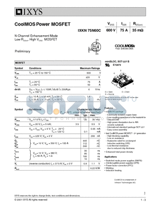 IXKN75N60 datasheet - CoolMOS Power MOSFET