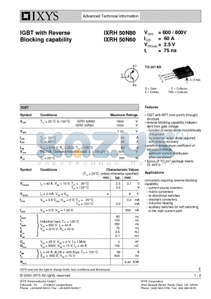 IXRH50N60 datasheet - IGBT with Reverse Blocking capability