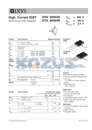 IXSK80N60B datasheet - High Current IGBT Short Circuit SOA Capability