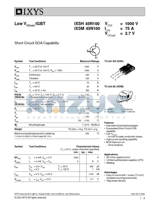 IXSM45N100 datasheet - Low VCE(sat) IGBT - Short Circuit SOA Capability