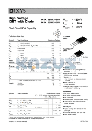 IXSX35N120BD1 datasheet - HIGH VOLTAGE IGBT WITH DIODE