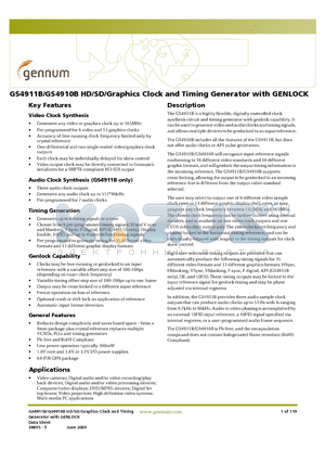 GS4911B datasheet - HD/SD/Graphics Clock and Timing Generator with GENLOCK