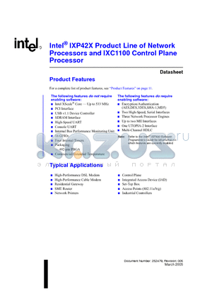 IXP42X datasheet - Intel^ IXP42X Product Line of Network Processors and IXC1100 Control Plane Processor