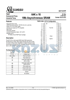 GS71216TP-8 datasheet - 64K x 16 1Mb Asynchronous SRAM