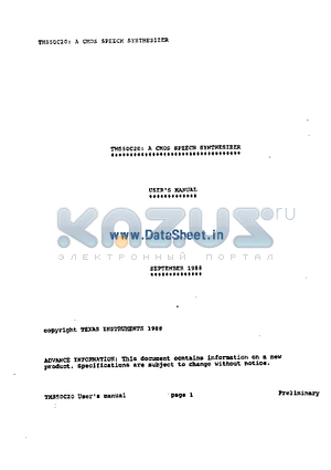 TMS50C20 datasheet - A CMOS SPEECH SYNTHESIZER