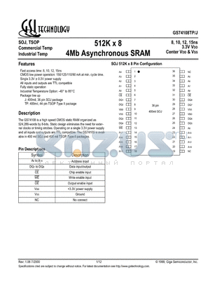 GS74108J-8 datasheet - 512K x 8 4Mb Asynchronous SRAM