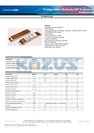 XP-MR-04-CDA datasheet - 10 Gbps 40km Multirate XFP Transceiver Preliminary